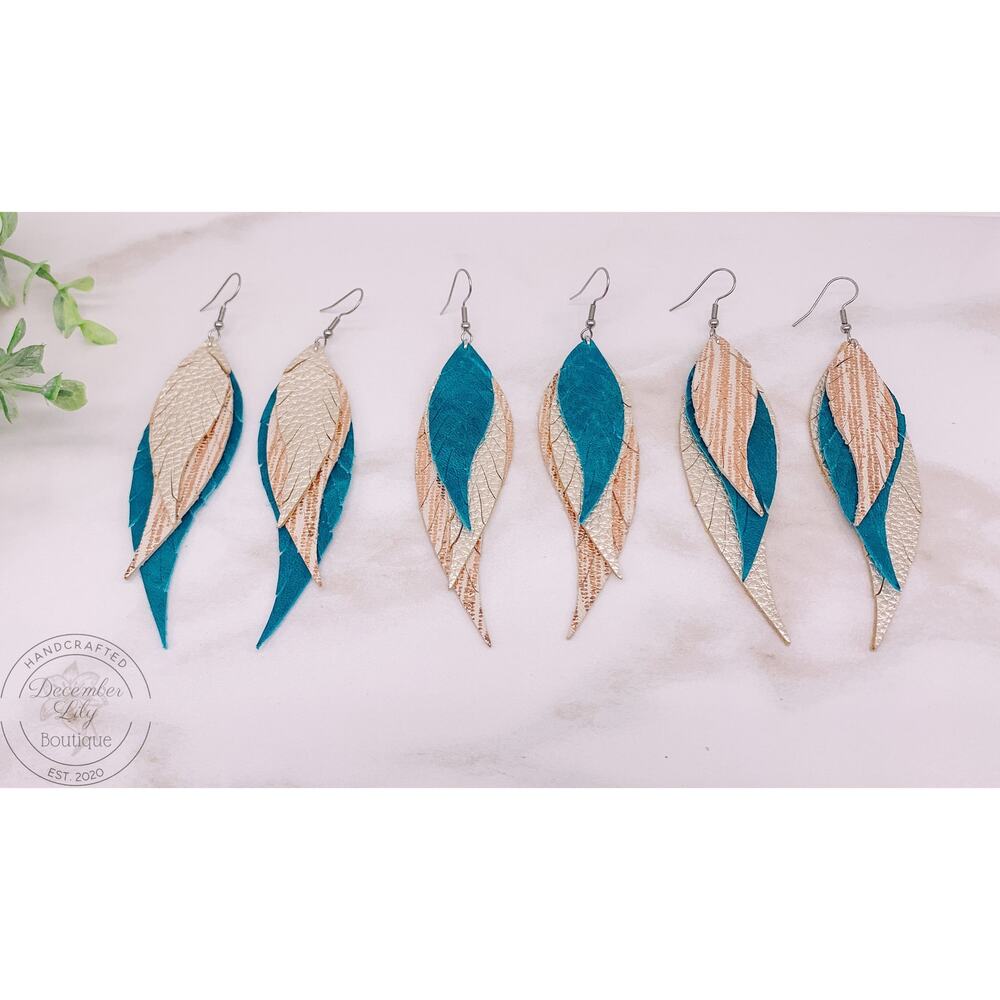 NWT Fringed Shake Ya Teal Feather Earrings - Teal, Pearl, Shimmer -Made to order